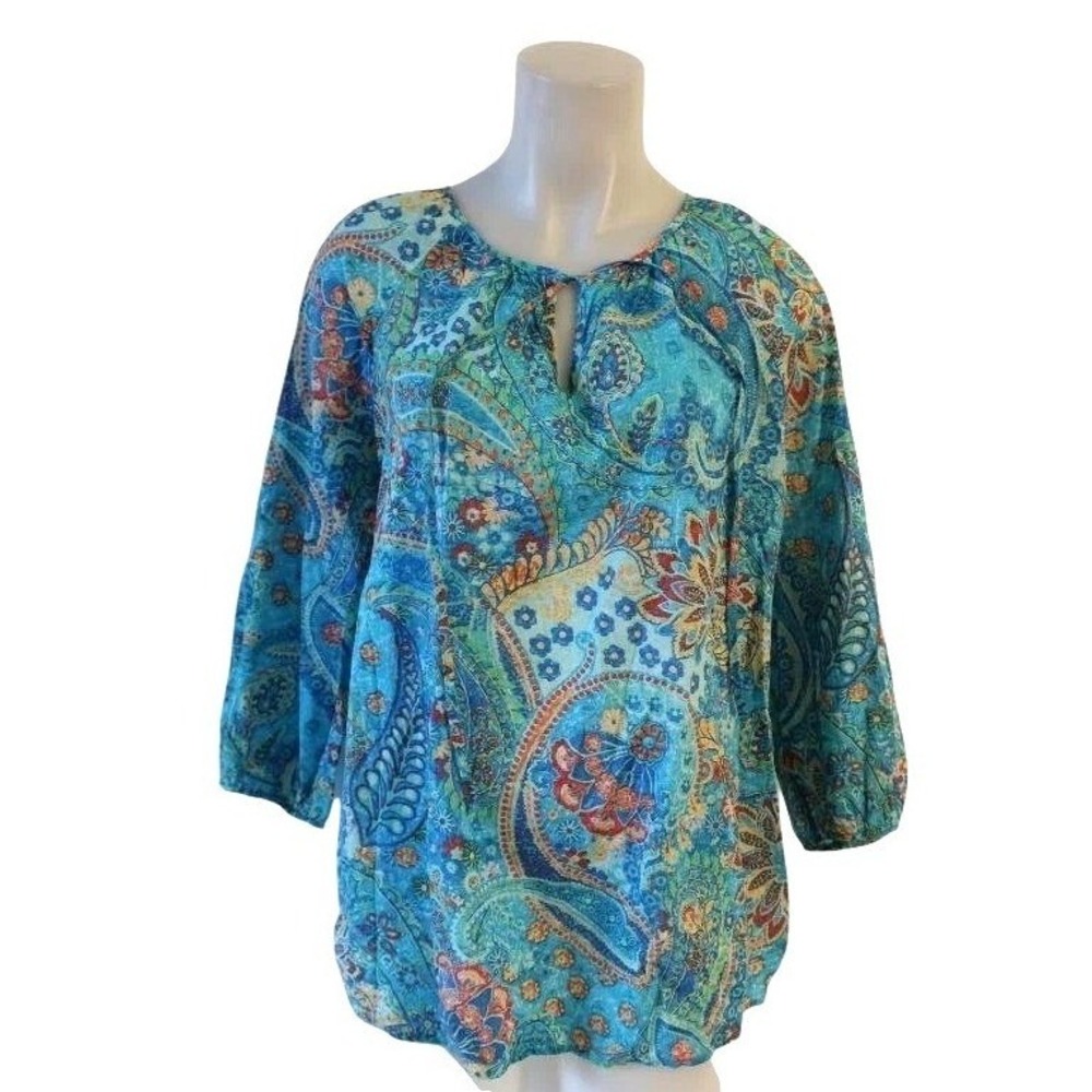 Lauren Ralph Lauren Womens 3X Blue Paisley Cotton Plus size Boho Peasant Blouse